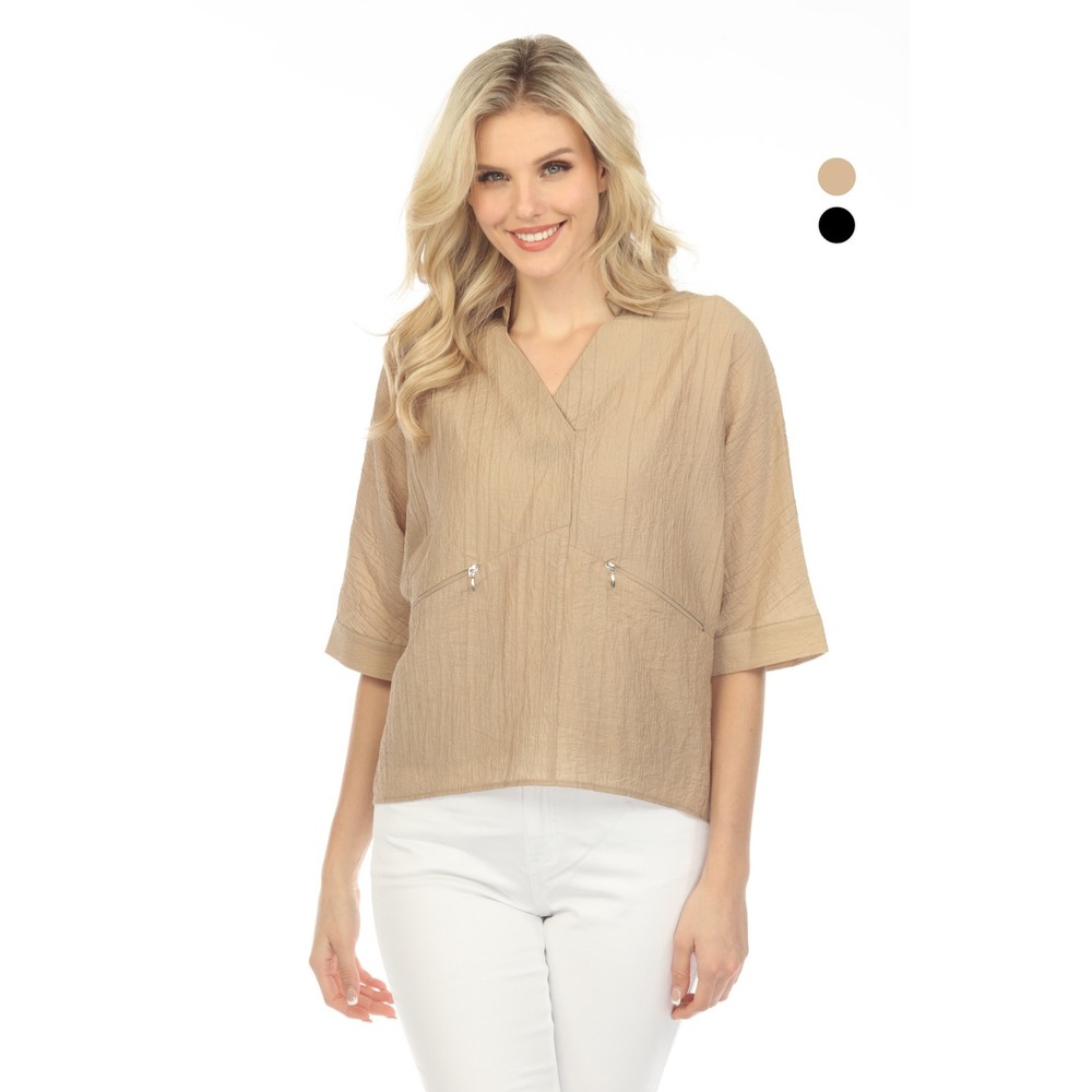 Carine Wang Tan Dolman‎ Top With Zippers V-Neck Textured Blouse Tan- M